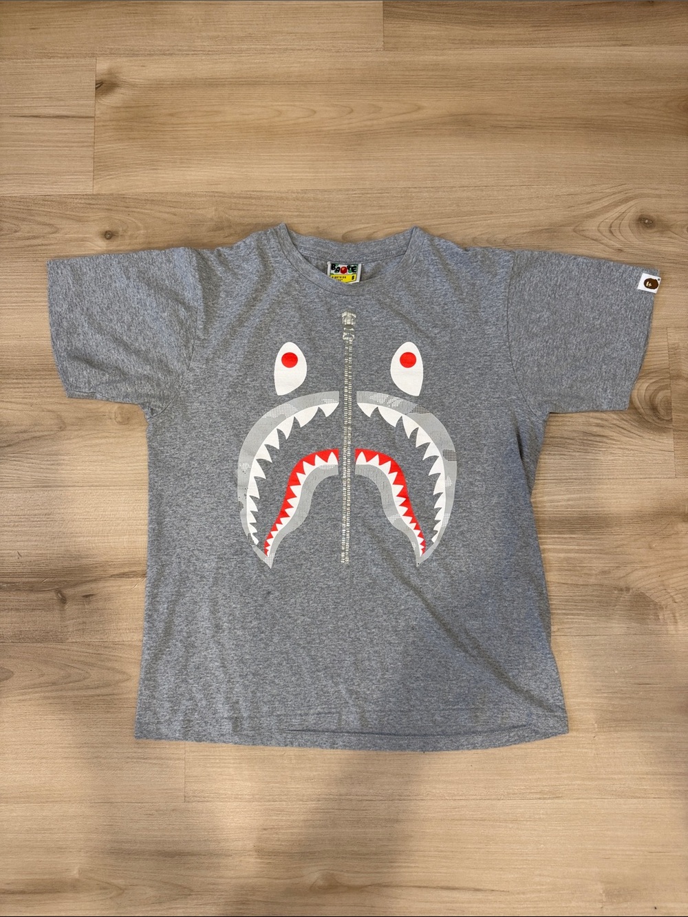 Bape A Bathing Ape Small Grey TShirt w/Red and White Shark Zip Graphic